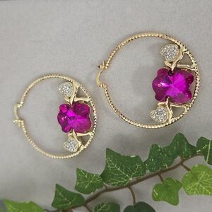 Gold Filled Hoop Earrings with Fuschia Pink Teddy Bear XO  2"